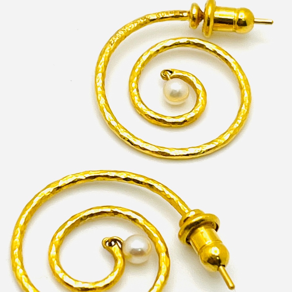 GURHAN 22k Earrings;  Hammered Gold Coils with Pearl Drop